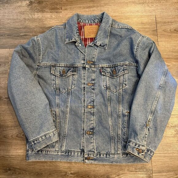 Levi’s Vintage 90’s Blue Denim Flannel Lined Trucker Jacket Size XL 70614-0389 - Picture 1 of 10